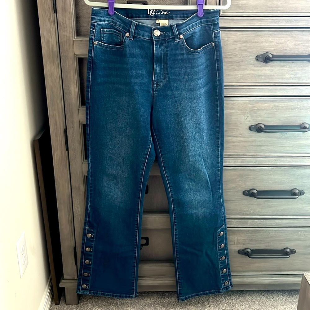 DG2 dark denim with detail buttons on leg bottom, boot cut, size 8